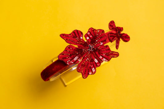 Bright Red Crystal Flowers Hair band-Red