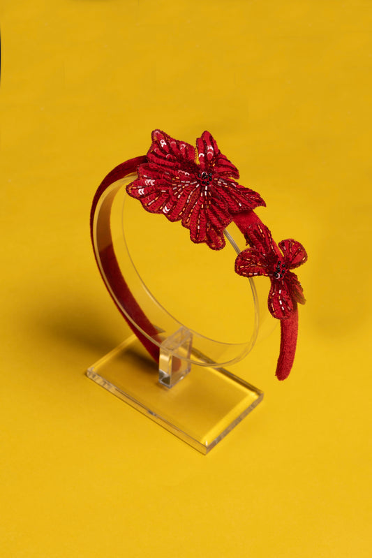 Bright Red Crystal Flowers Hair band-Red