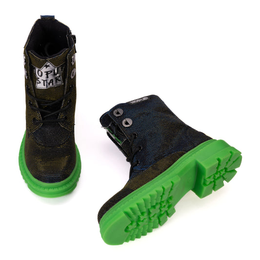 Hopup Rock Star Laser Glitter Boots | Black-Silver Hi-Top Boots with Green Sole | Eco-Friendly & Anti-Skid Party Boots for Kids