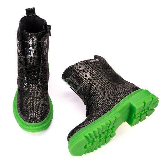 Hopup Rock Star Snake-Textured Boots | Black-Silver Boots with Green Sole | Eco-Friendly & Anti-Skid Party Boots for Kids