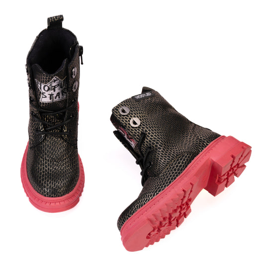 Hopup Rock Star Black Silver Grid Boots | Zip Boots with Pink Sole | Eco-Friendly & Anti-Skid Party Footwear for Kids