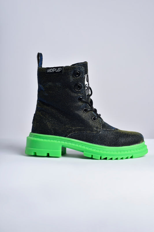 Hopup Rock Star Laser Glitter Boots | Black-Silver Hi-Top Boots with Green Sole | Eco-Friendly & Anti-Skid Party Boots for Kids