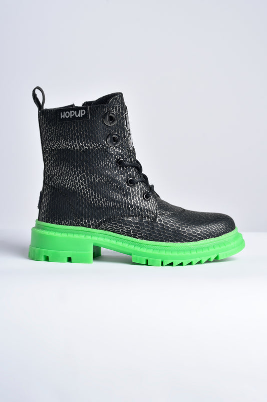 Hopup Rock Star Snake-Textured Boots | Black-Silver Boots with Green Sole | Eco-Friendly & Anti-Skid Party Boots for Kids