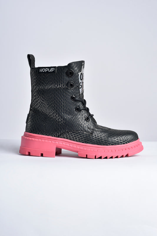 Hopup Rock Star Black Silver Grid Boots | Zip Boots with Pink Sole | Eco-Friendly & Anti-Skid Party Footwear for Kids