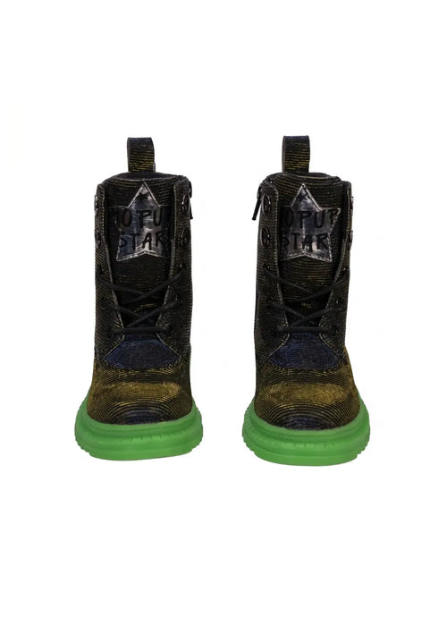 Black-Silver Hi-Top Boots with Green Sole