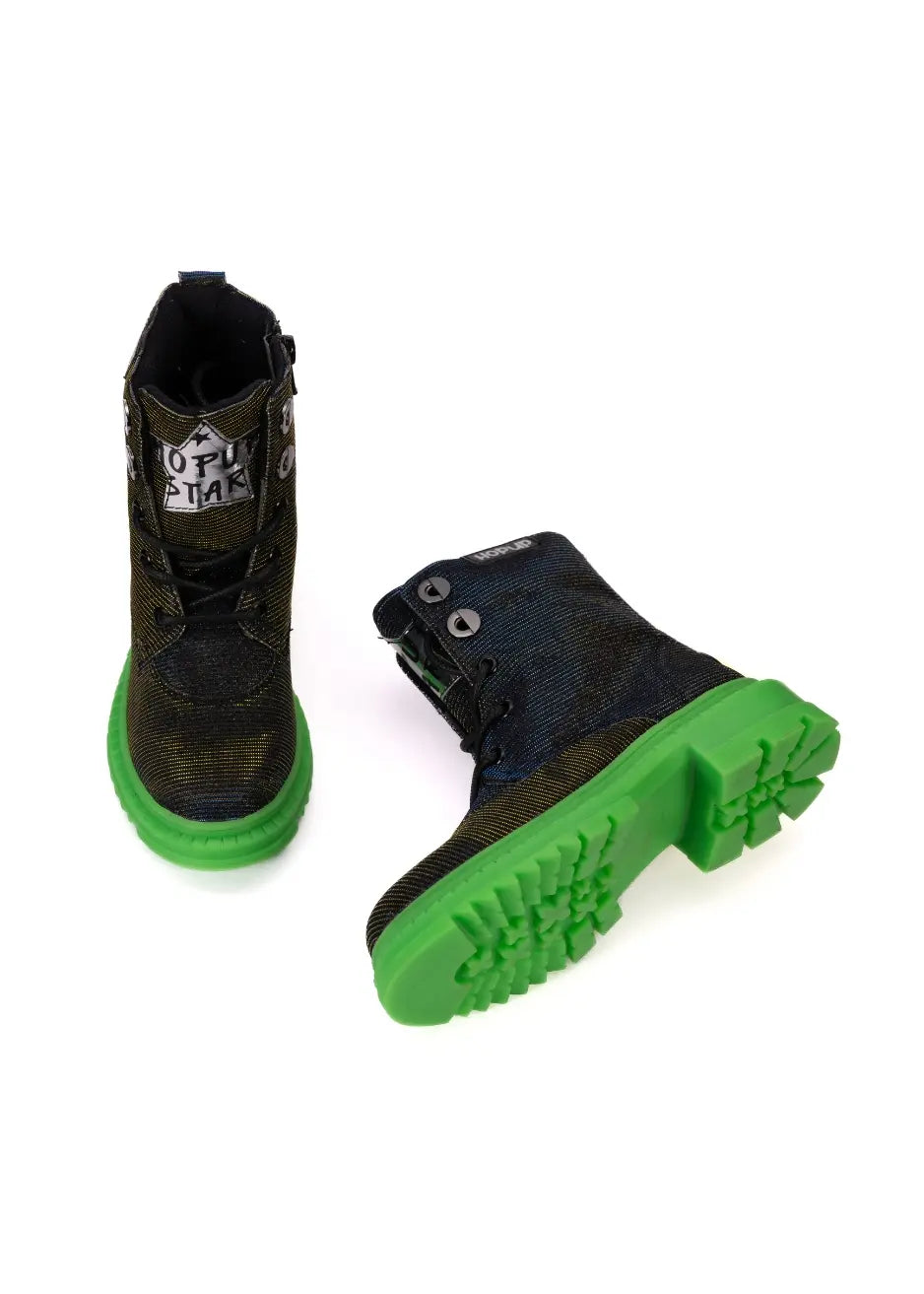 Black-Silver Hi-Top Boots with Green Sole