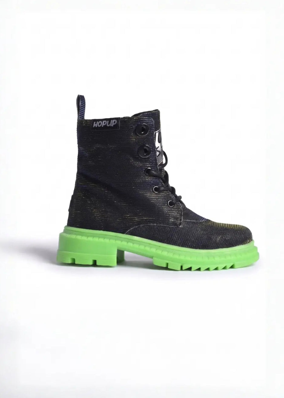 Black-Silver Hi-Top Boots with Green Sole
