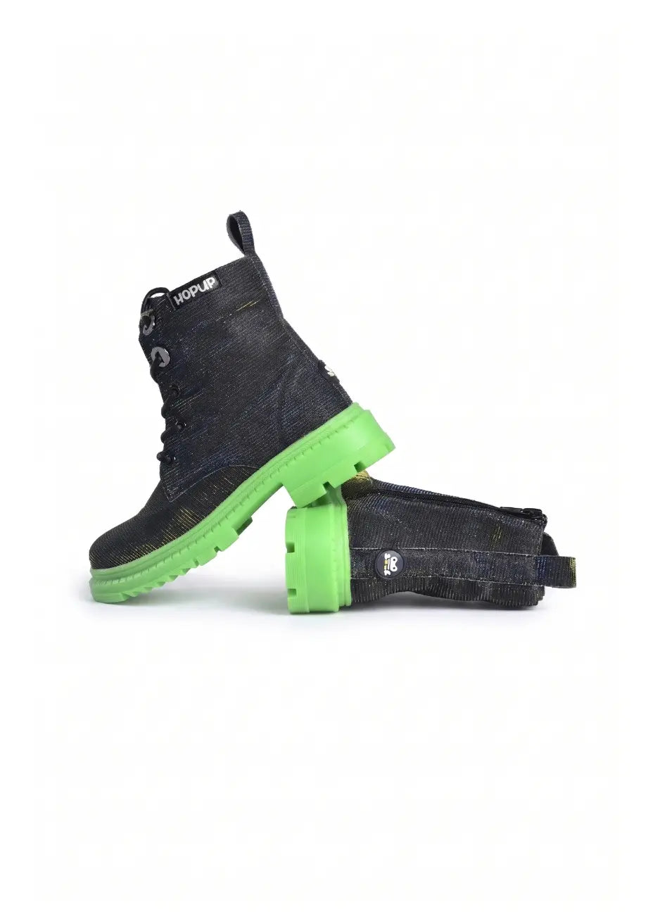 Black-Silver Hi-Top Boots with Green Sole