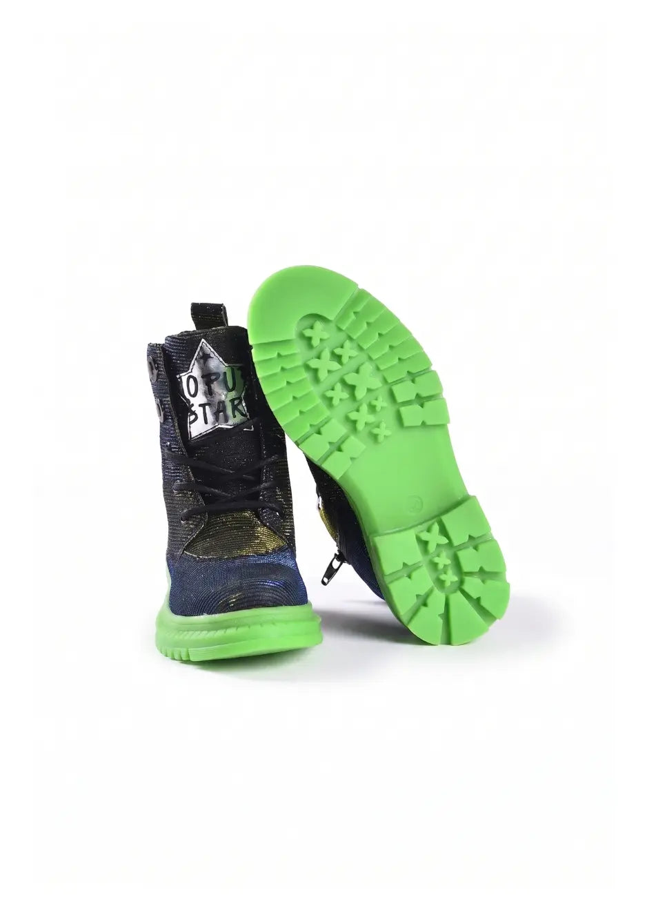 Black-Silver Hi-Top Boots with Green Sole