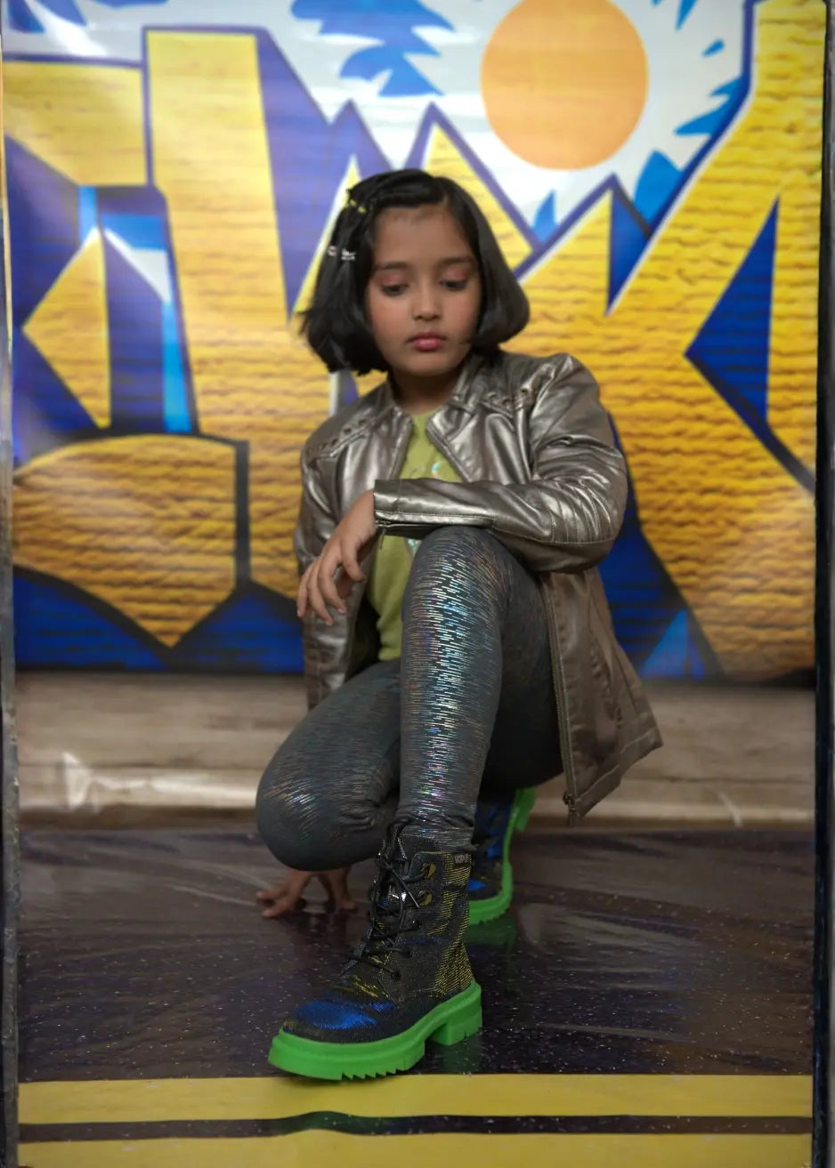 Black-Silver Hi-Top Boots with Green Sole