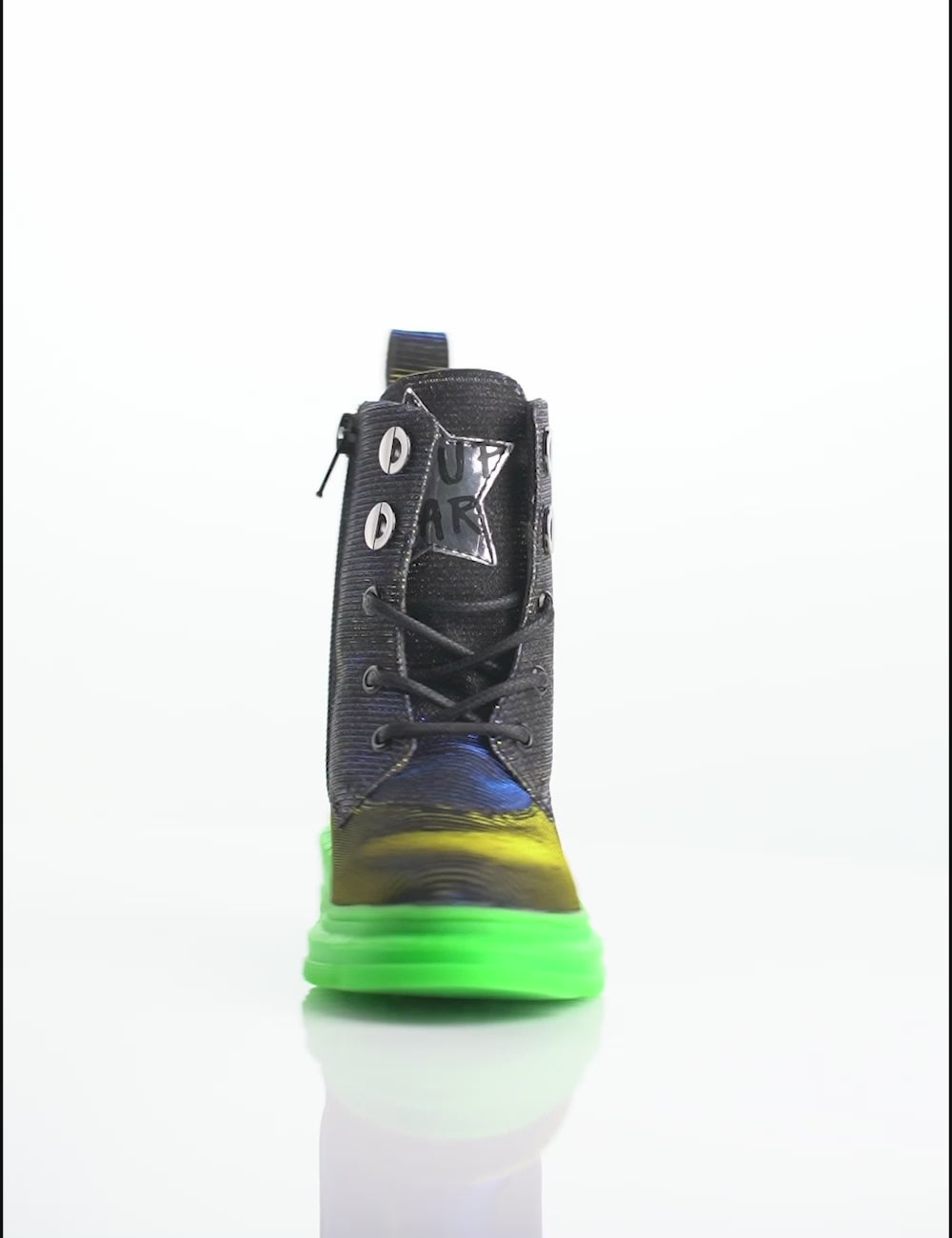 Black-Silver Hi-Top Boots with Green Sole